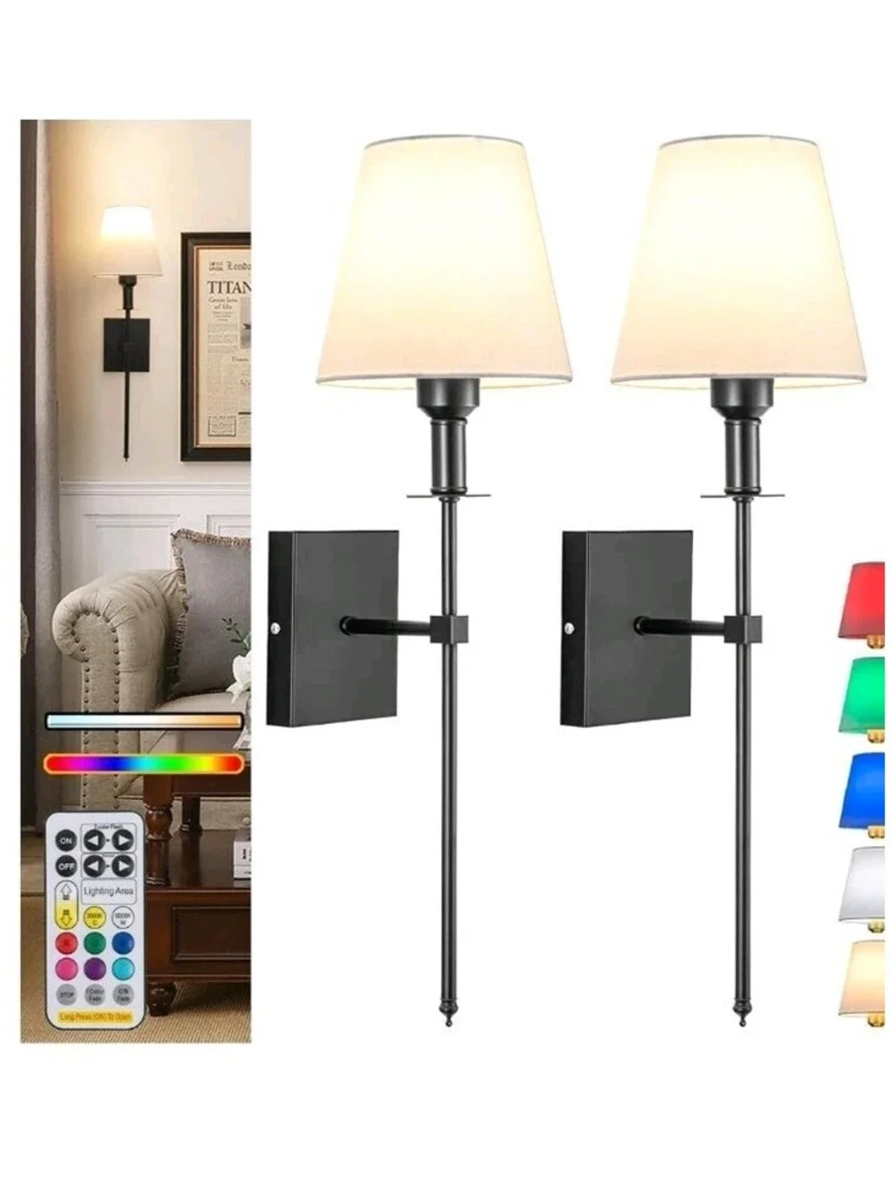 2 Pack Rechargeable Battery Wall Sconce Black Remote Dimmable 12 Colors Wireless